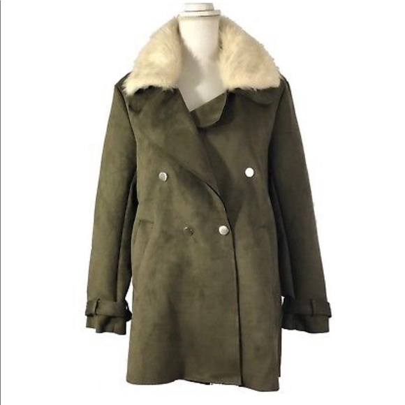 LAST ONE Vegan Suede Trench Coat w Fur trim - Picture 6 of 8